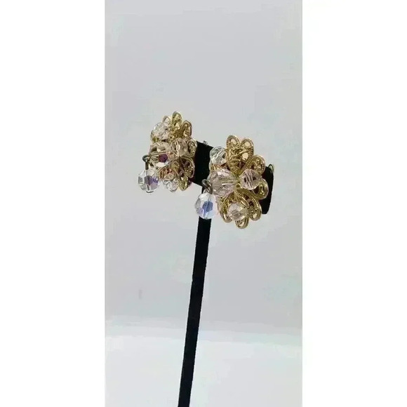 Vintage Earrings Clip Gold Filigree AB Crystal Dangle Soft Touch 1950 Fancy - Picture 3 of 9